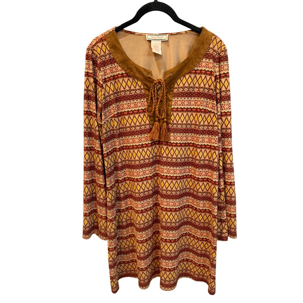 Flying Tomato Womens Southwestern Tassel Shift Tunic Dress Large 70s boho hippie